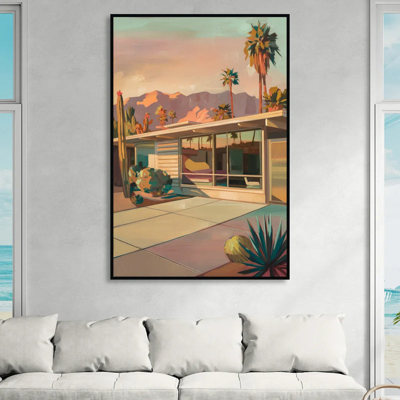 Palm Springs Retro Architecture Sitting Room - Black Canvas Wall Art