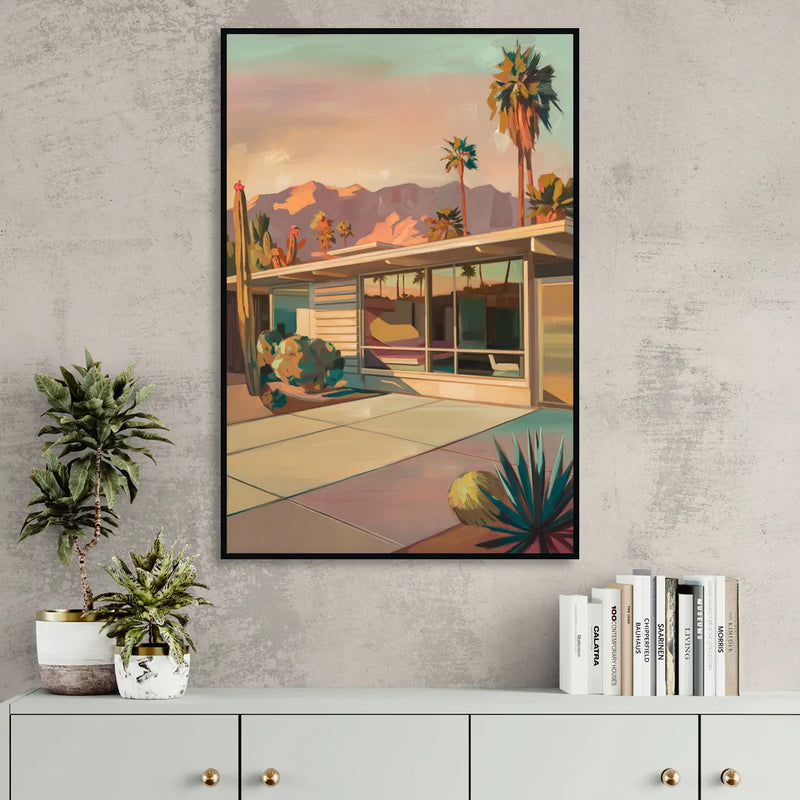 Palm Springs Retro Architecture Living Room - Black Canvas Wall Art