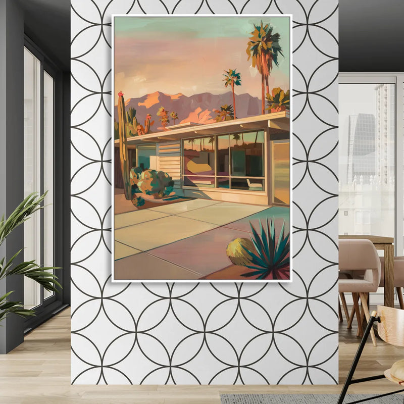 Palm Springs Retro Architecture Sitting Room - White Canvas Wall Art