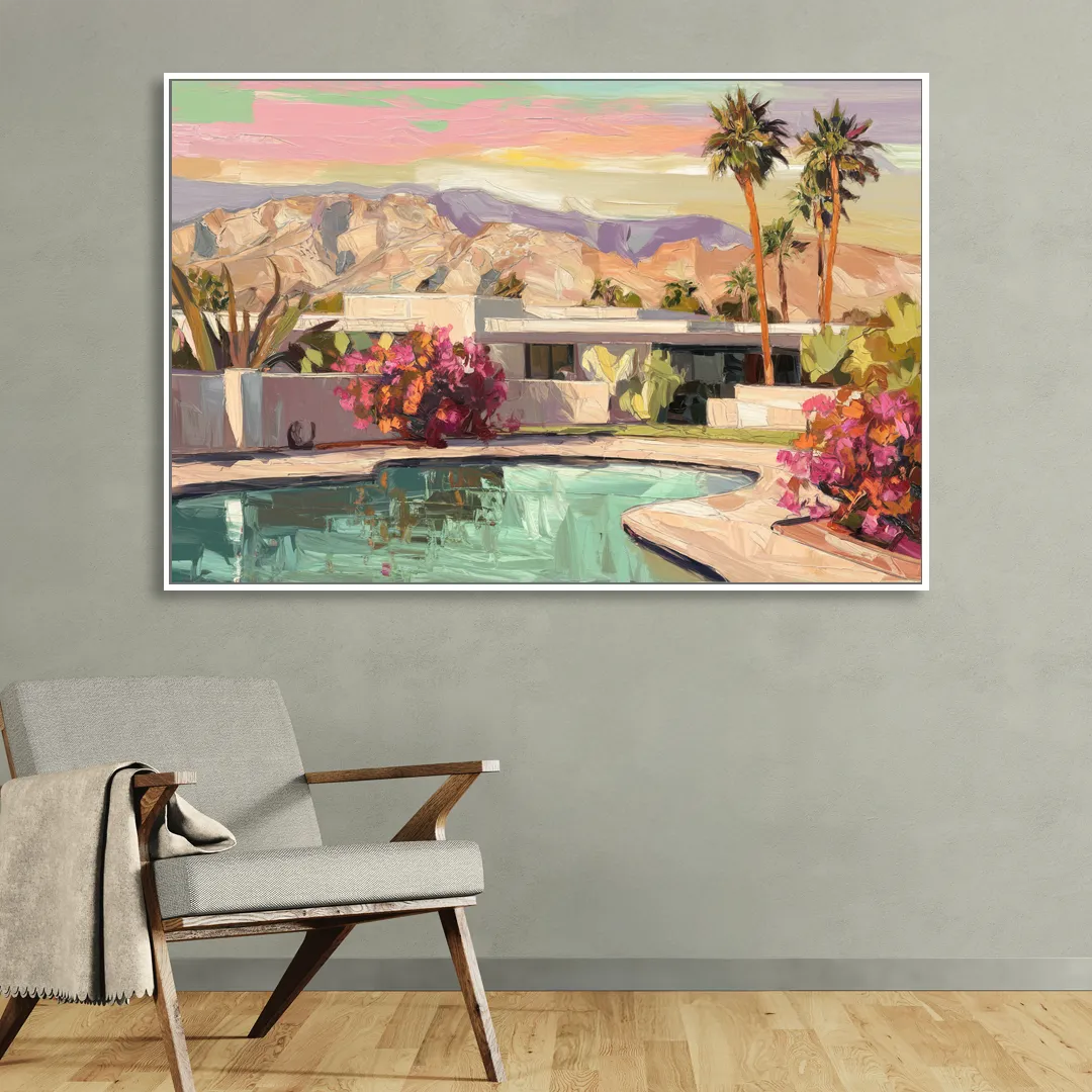 Palm Springs Sunlit Landscape Sitting Room - White Canvas Wall Art