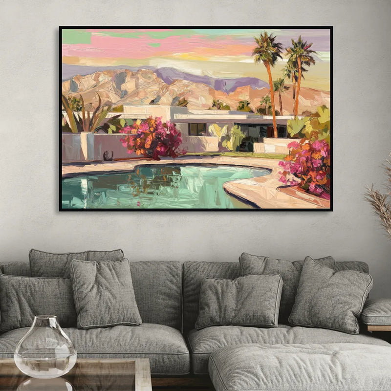 Palm Springs Sunlit Landscape Living Room - Black Canvas Wall Art