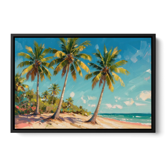 Palm Tree Painting of Three Coconut Palms at Noon - Black Framed Canvas Wall Art - Front