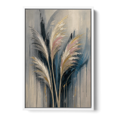 Pampas Grass Canvas with Rose and Gold Plumes - White Framed Canvas Wall Art - Front