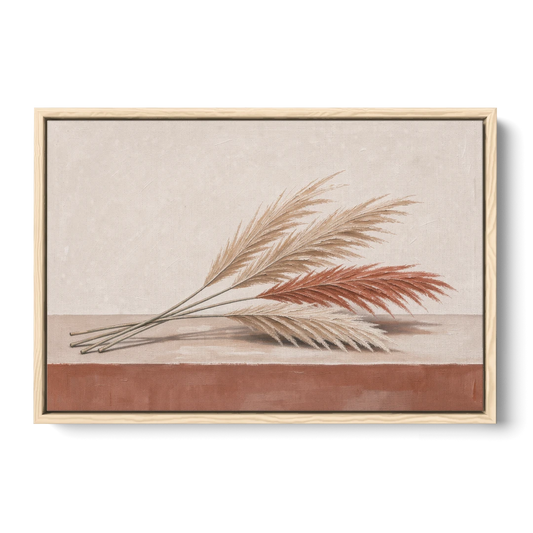 Pampas Grass Wall Art with Three Resting Plumes - Oak Framed Canvas Wall Art - Front