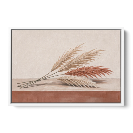 Pampas Grass Wall Art with Three Resting Plumes - White Framed Canvas Wall Art - Front