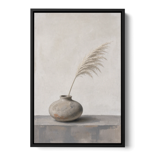 Pampas Plume in a Round Stoneware Vase - Black Framed Canvas Wall Art - Front