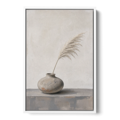 Pampas Plume in a Round Stoneware Vase - White Framed Canvas Wall Art - Front