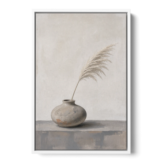 Pampas Plume in a Round Stoneware Vase - White Framed Canvas Wall Art - Front