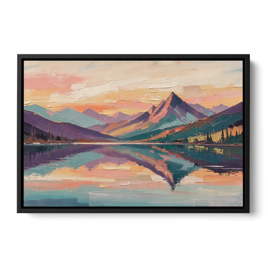 Panoramic Alpine Lake Sunset Peak - Black Framed Canvas Wall Art - Front