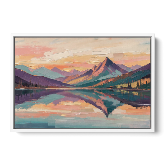 Panoramic Alpine Lake Sunset Peak - White Framed Canvas Wall Art - Front
