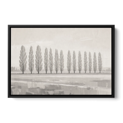 Panoramic Canvas Print of Poplars in Haze - Black Framed Canvas Wall Art - Front