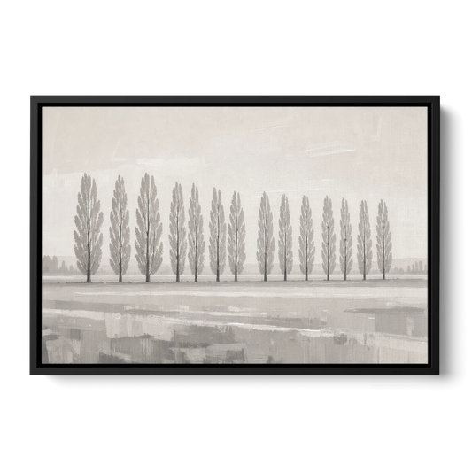 Panoramic Canvas Print of Poplars in Haze - Black Framed Canvas Wall Art - Front