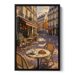 Impressionist Paris Cafe Croissant in Autumn - Black Framed Canvas Wall Art - Front