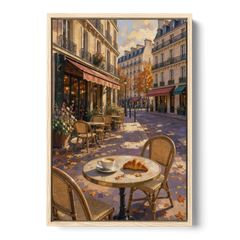 Impressionist Paris Cafe Croissant in Autumn - Oak Framed Canvas Wall Art - Front
