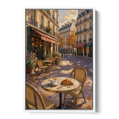 Impressionist Paris Cafe Croissant in Autumn - White Framed Canvas Wall Art - Front