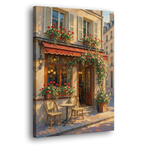 Paris Cafe Painting with Geraniums and Climbing Rose - Canvas Wall Art - Side