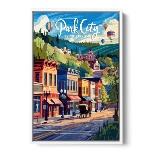 Park City Scenic Downtown - White Framed Canvas Wall Art - Front