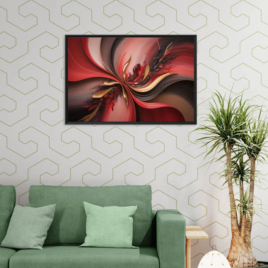 Passion Waves Red Abstract - Living Room Black Frame Canvas