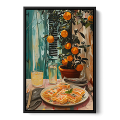 Pasta Painting of Lasagna Under Oranges - Black Framed Canvas Wall Art - Front