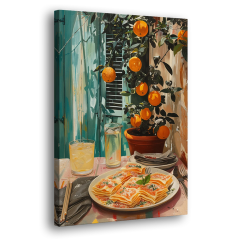 Pasta Painting of Lasagna Under Oranges - Canvas Wall Art - Side