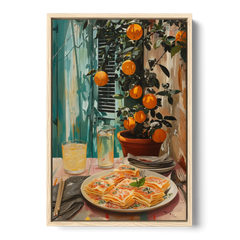 Pasta Painting of Lasagna Under Oranges - Oak Framed Canvas Wall Art - Front