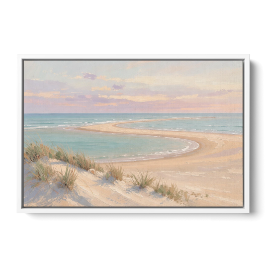 Pastel Beach Painting with Seafoam Lagoon - White Framed Canvas Wall Art - Front