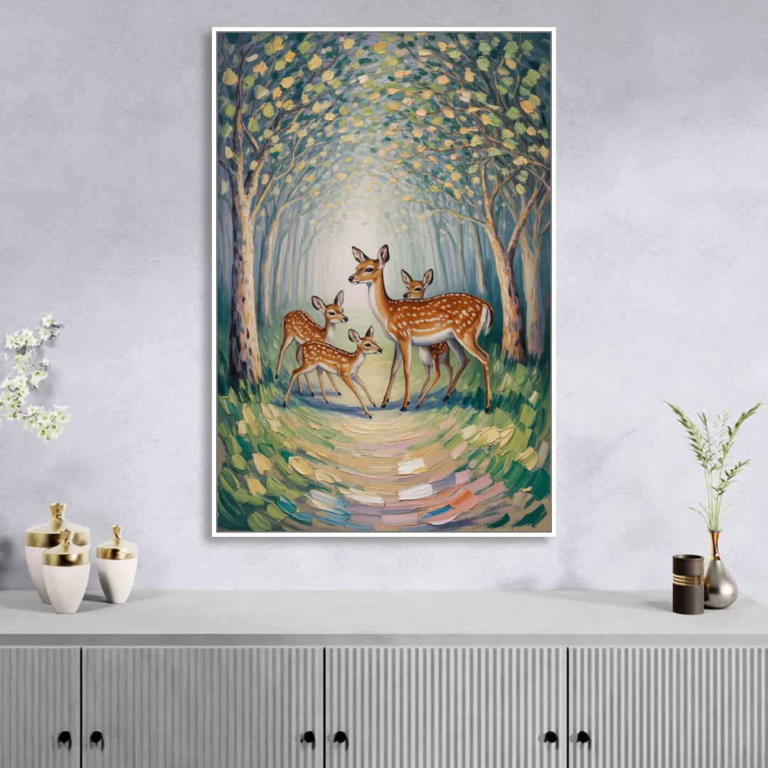 Pastoral Deer Family Sitting Room - White Canvas Wall Art