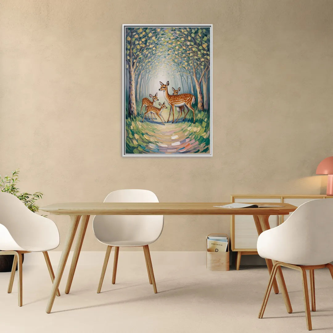 Pastoral Deer Family - Living Room White Frame Canvas