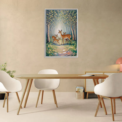 Pastoral Deer Family - Living Room White Frame Canvas