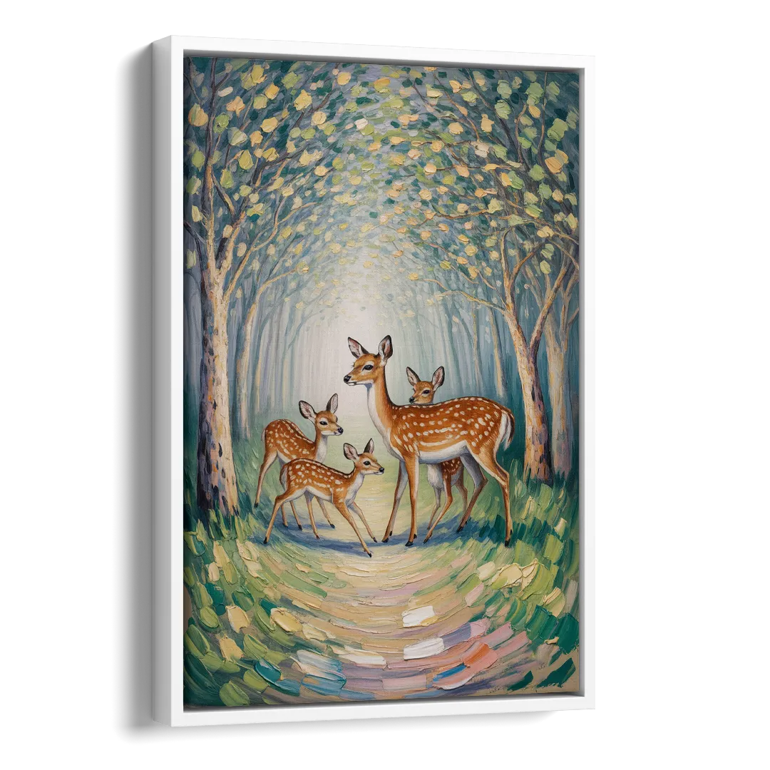 Pastoral Deer Family Side - White Canvas Wall Art