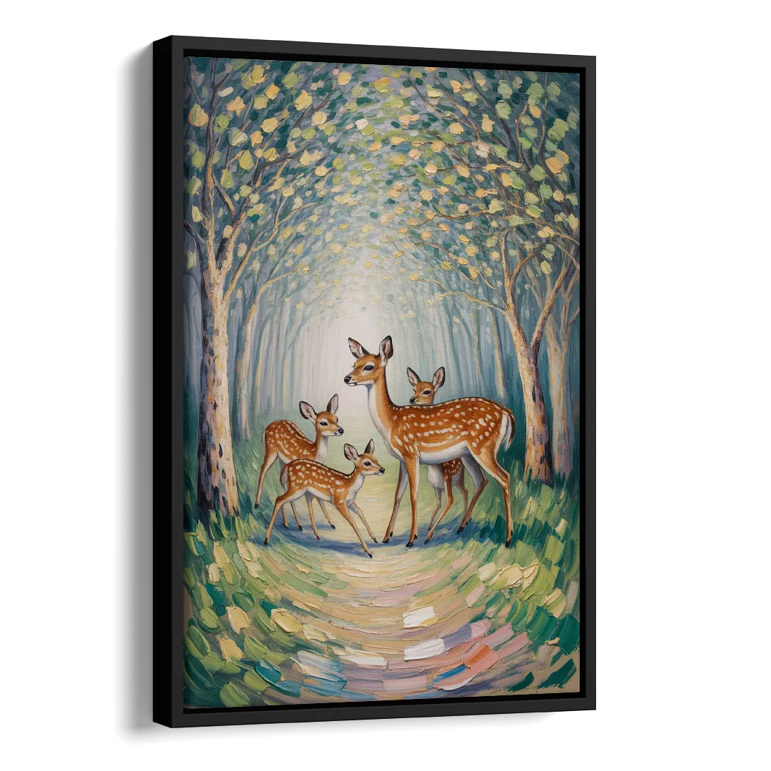 Pastoral Deer Family Side - Black Canvas Wall Art
