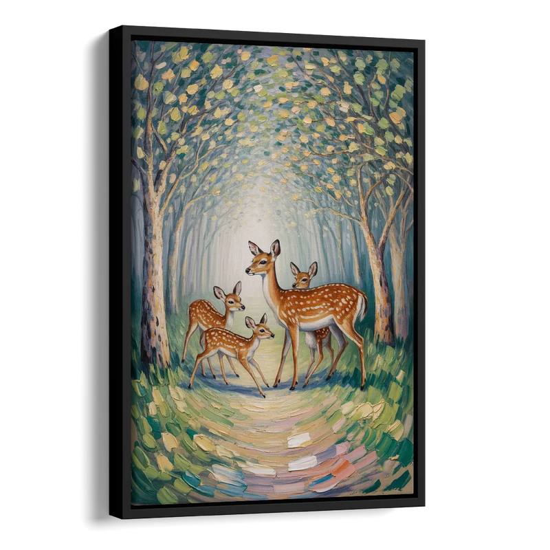 Pastoral Deer Family Side - Black Canvas Wall Art