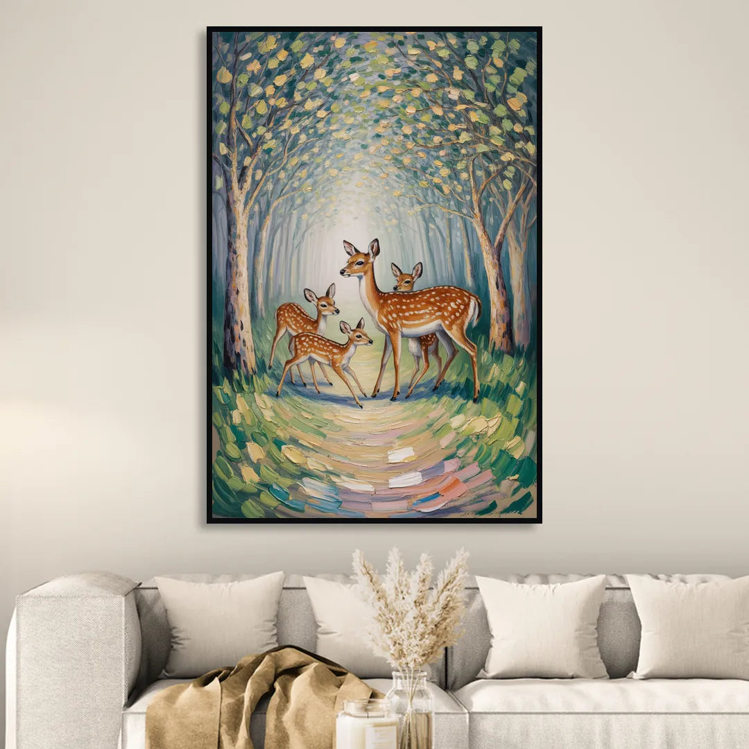 Pastoral Deer Family Sitting Room - Black Canvas Wall Art