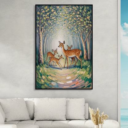 Pastoral Deer Family Living Room - Black Canvas Wall Art