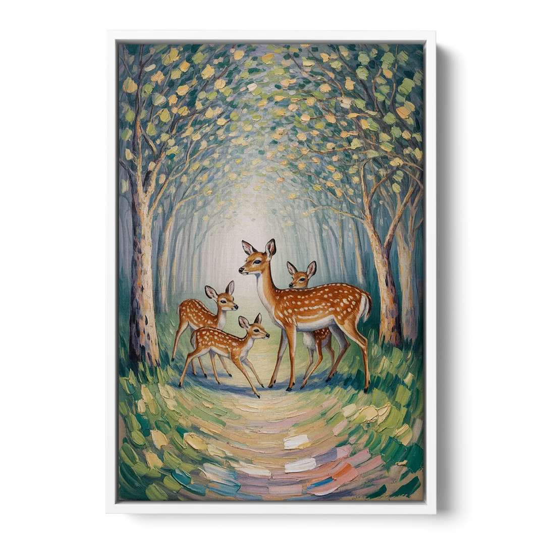Pastoral Deer Family - White Frame Canvas