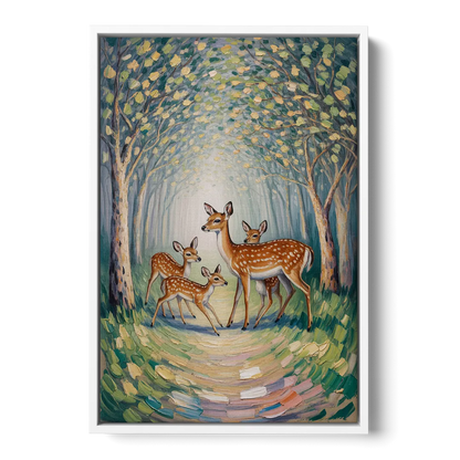Pastoral Deer Family - White Frame Canvas