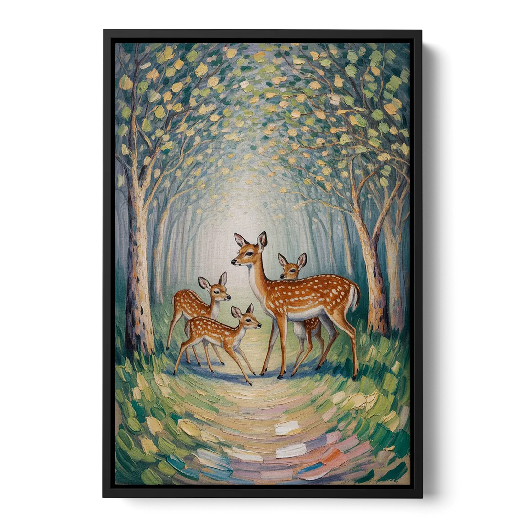 Pastoral Deer Family - Black Frame Canvas