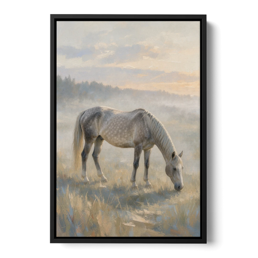 Pastoral Painting of a Dapple Gray Mare at Dawn - Black Framed Canvas Wall Art - Front