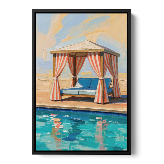 Patio Wall Art Coral Striped Cabana by the Pool - Black Framed Canvas Wall Art - Front