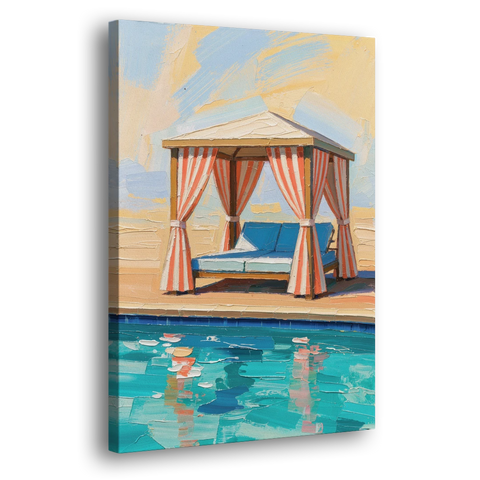 Patio Wall Art Coral Striped Cabana by the Pool - Canvas Wall Art - Side