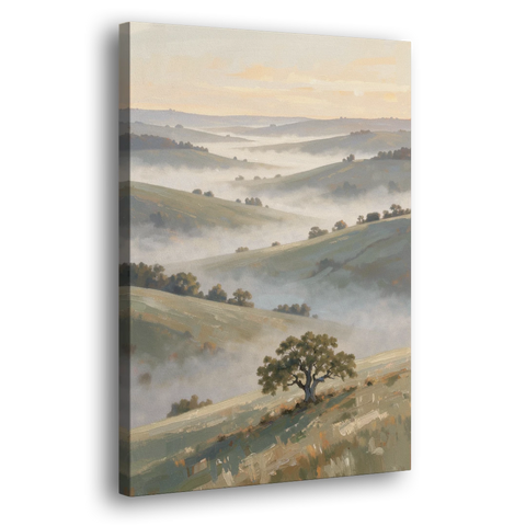 Peaceful Landscape Painting of Misty Hills and Oak - Canvas Wall Art - Side