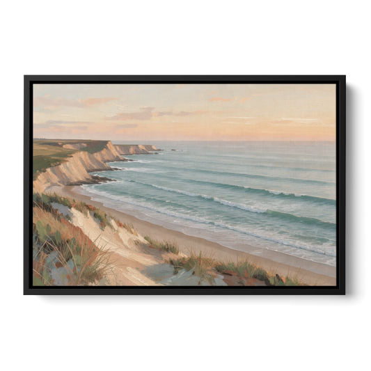 Peach Dawn Seascape Over Chalk Bluffs - Black Framed Canvas Wall Art - Front