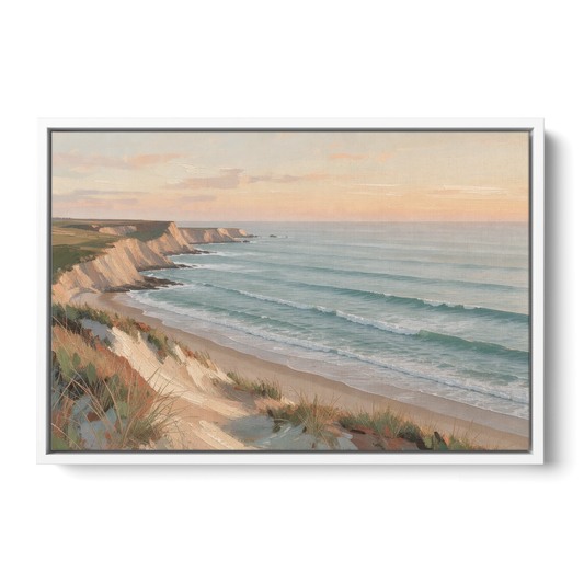 Peach Dawn Seascape Over Chalk Bluffs - White Framed Canvas Wall Art - Front