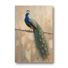 Peacock Wall Art on a Bare Golden Branch - Canvas Wall Art - Front