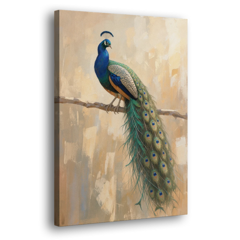 Peacock Wall Art on a Bare Golden Branch - Canvas Wall Art - Side