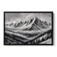 Snowy Mountain Peaks Above the Misty Firs - Black Framed Canvas Wall Art - Front