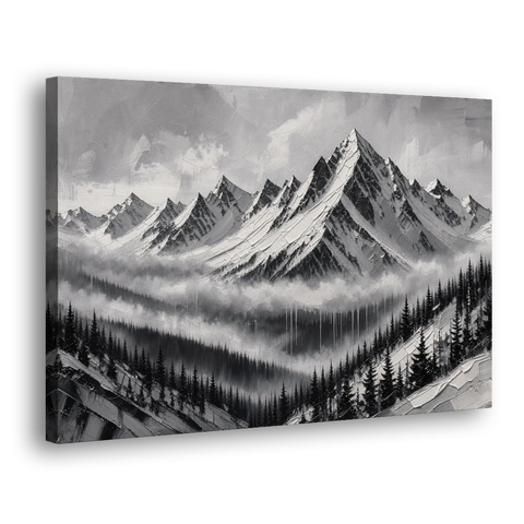 Snowy Mountain Peaks Above the Misty Firs - Canvas Wall Art - Side
