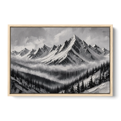 Snowy Mountain Peaks Above the Misty Firs - Oak Framed Canvas Wall Art - Front