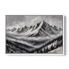 Snowy Mountain Peaks Above the Misty Firs - White Framed Canvas Wall Art - Front