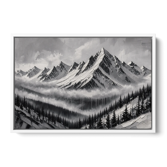 Snowy Mountain Peaks Above the Misty Firs - White Framed Canvas Wall Art - Front